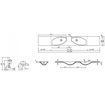 Washbasin double vanity/hanging/regulowana Marmorin Ugo Duet, 1535-2500x400x137 mm on special order white 