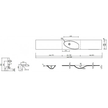 Vanity washbasin/hanging/regulowana Marmorin Ugo 2500, right 700-2500x400x137 mm on special order white 