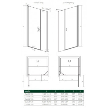 Front for shower cabin Radaway Nes 8 Black KDS I 140, door left, glass transparent, 1400x2000mm, black profil