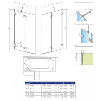 Parawan nawannowy Radaway Essenza Pro Gold PNJ II, glass transparent, 50x150cm, gold profil