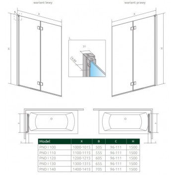 Parawan nawannowy Radaway Nes 8 Black PND I, lewy, składany, glass transparent, 140x150cm, black profil