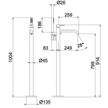 4-hole bath mixer Vema Maira, standing, spout 155mm, with shower set, chrome