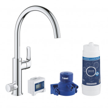 Set startowy Grohe Blue Pure with mixer kuchenną Minta in the form of L, filtrowanie wody, pull-out spray, stainless steel
