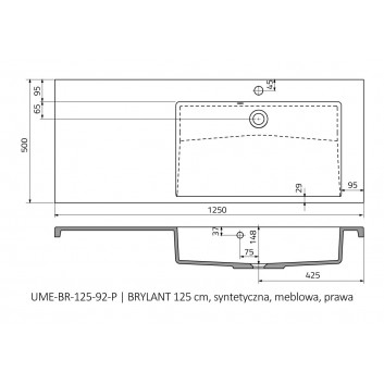 Vanity washbasin Oristo Brylant, left, 125x50cm, z overflow, konglomeratowa, white