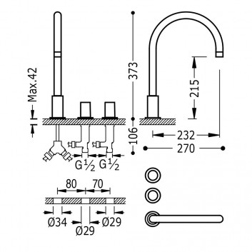 Two-handle washbasin faucet Tres Study-Colors, standing, height 373mm, finish 24k gold