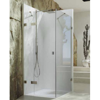 Shower cabin quadrangle frameless Huppe SolvaPro, swing door with fixed segment and side panel, fixing left, 700-1200 x 200-1200 mm, on special order, silver shine, glass AntiPlaque