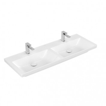 Vanity washbasin double Villeroy & Boch Subway 3.0, 130x47cm, z overflow, 2 otwory na armaturę, Weiss Alpin