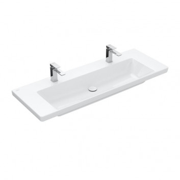 Vanity washbasin double Villeroy & Boch Subway 3.0, 130x47cm, z overflow, 2 otwory na armaturę, Weiss Alpin