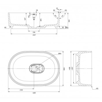 Countertop washbasin Omnires Cadence M+, 62x42cm, without overflow, white shine