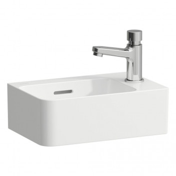 Wall-hung washbasin Laufen Val, round, 55cm, shelf on the left strony, z overflow, battery hole z right strony, white