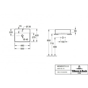 Countertop washbasin Villeroy&Boch Memento 2.0, 498x420mm, without overflow, Weiss Alpin