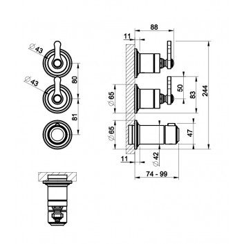 Thermostatic mixer shower Gessi Origini, 3-hole, concealed, 2 jednoczesne wyjścia wody, chrome