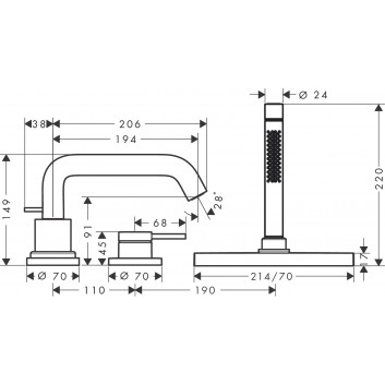 3-hole, single lever mixer on the rim of the tub z sBox, external part, Hansgrohe Tecturis S - Chrome