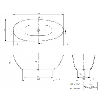 Bathtub freestanding oval Villeroy & Boch Antao, 170x75cm, Quaryl, szary mat