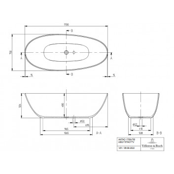 Bathtub freestanding oval Villeroy & Boch Antao SilentFlow, 170x75cm, Quaryl, szary mat