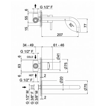 Washbasin faucet Vema Tiber Steel, concealed, 2-hole, spout 208mm, without pop, stainless steel inox