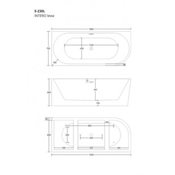 Bathtub freestanding corner Corsan Intero , 160x74cm, lewostronna, korek klik-klak chrome, white