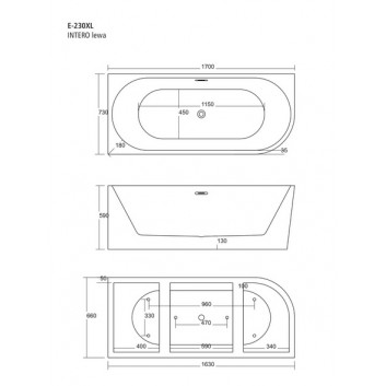 Bathtub freestanding corner Corsan Intero , 170x73cm, lewostronna, korek klik-klak black, white