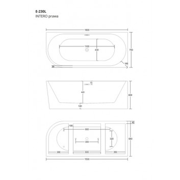 Bathtub freestanding corner Corsan Intero , 160x74cm, prawostronna, korek klik-klak black, white