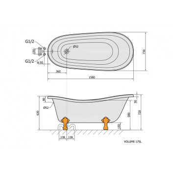 Bathtub freestanding 158x73x72cm Polysan RETRO,legs white, white