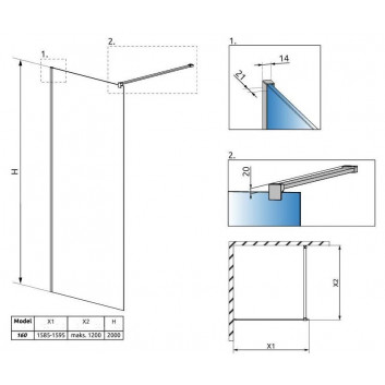 Shower cabin walk-in Radaway Modo New II with hanger, 160x200cm, glass transparent, profil chrome