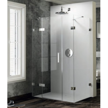 Shower cabin quadrangle frameless Huppe SolvaPro, swing door with fixed segment and side panel, fixing right, 700-1200 x 200-1200 mm, height 1200-2000 mm on special order, silver shine, glass AntiPlaque