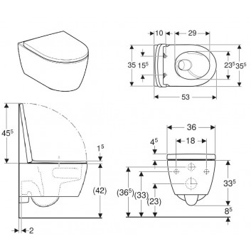 Bowl WC hanging Geberit iCon 53x36 cm, bez kołnierza, spłukiwanie wirowe with soft-close WC seat - white